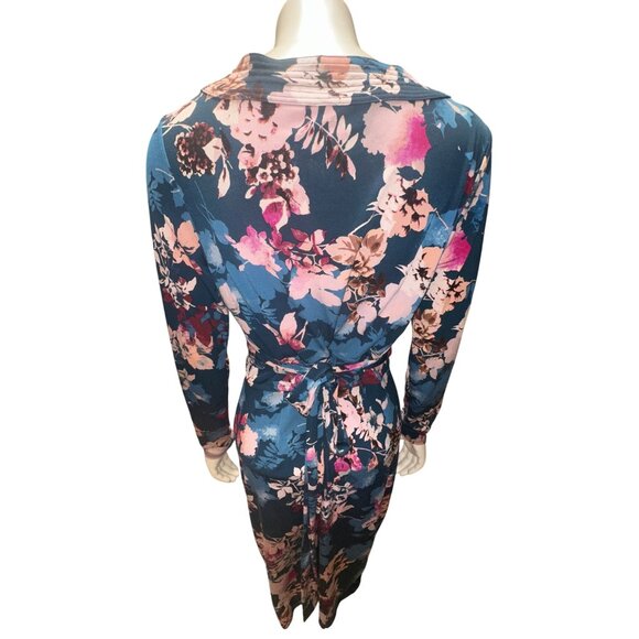 Thalia Sodi Small Teal Floral Wrap Dress Long Sleeve Fall Party Cafecore Look - Picture 5 of 12